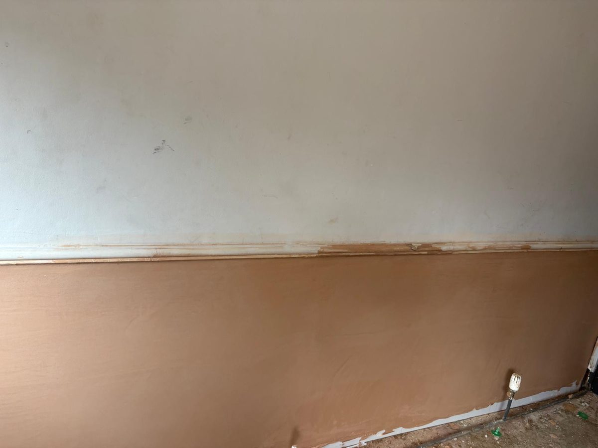 A full wall replastered to a smooth, even finish below the picture rail, ready for decorating